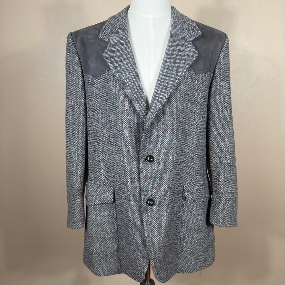 Pendleton Mens Virgin Wool Blazer Western Sport Coat Gray Suede Patches Sz 44L